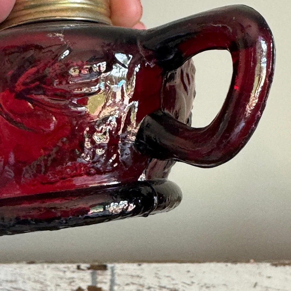 Vintage Ruby Red Glass Miniature Finger‎ Oil Lamp with White Milk Glass Chimney
